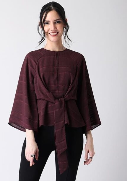 Front Knot Flared Sleeve Peplum Top