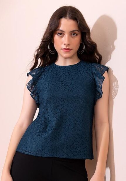 Blue Ruffle Sleeve Lace Top for Women
